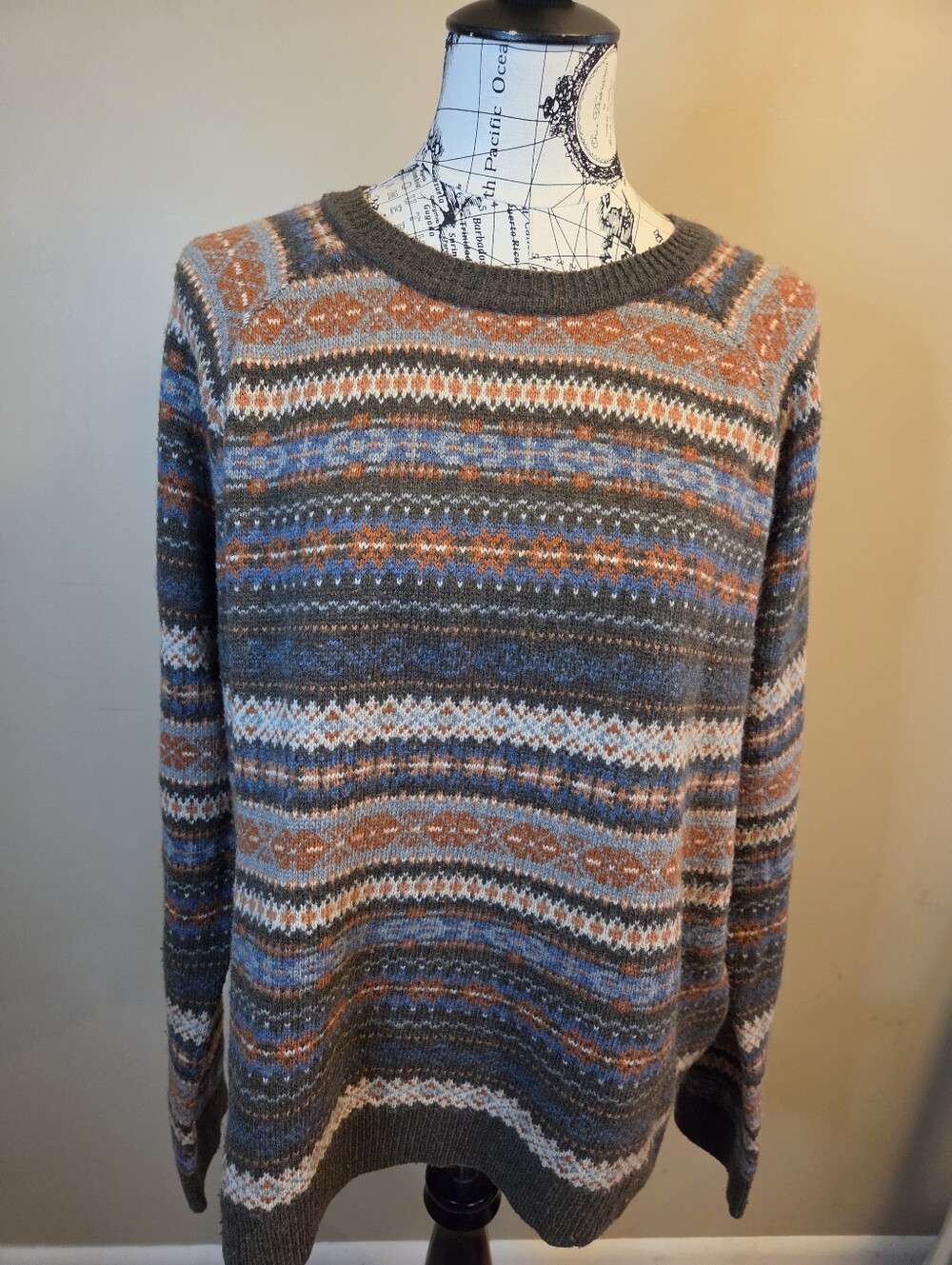 Haggar Womens XXL Fair Isle Sweater Wool Blend Crewneck Blue Orange Gray